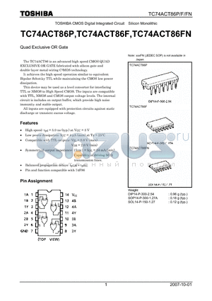 TC74ACT86P datasheet - CMOS Digital Integrated Circuit Silicon Monolithic Quad Exclusive OR Gate