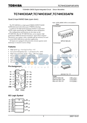 TC74HC03AP_07 datasheet - CMOS Digital Integrated Circuit Silicon Monolithic Quad 2-Input NAND Gate (open drain)