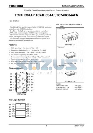 TC74HC04AP datasheet - CMOS Digital Integrated Circuit Silicon Monolithic Hex Inverter