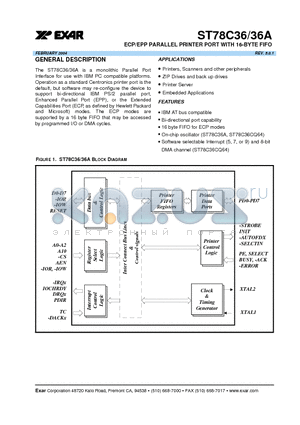 ST78C36 datasheet - ECP/EPP PARALLEL PRINTER PORT WITH 16-BYTE FIFO