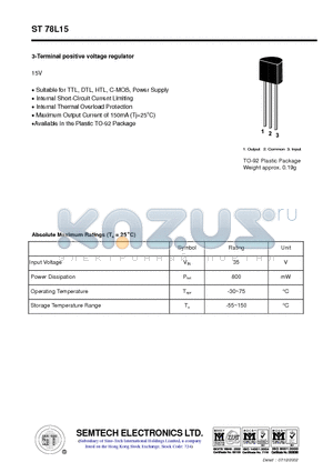 ST78L15 datasheet - 3-Terminal positive voltage regulator