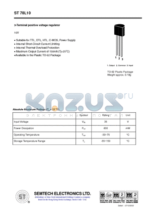 ST78L10 datasheet - 3-Terminal positive voltage regulator