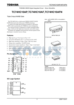 TC74HC10AP datasheet - CMOS Digital Integrated Circuit Silicon Monolithic Triple 3-Input NAND Gate