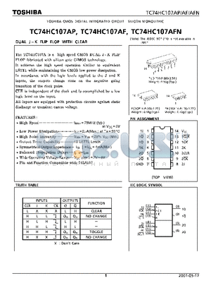 TC74HC107AP datasheet - DUAL J - K FLIP FLOP WITH CLEAR