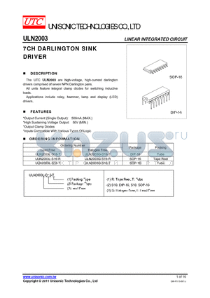 ULN2003G-S16-R datasheet - 7CH DARLINGTON SINK DRIVER