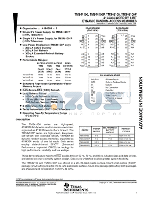 TMS46100 datasheet - 4194304-WORD BY 1-BIT DYNAMIC RANDOM-ACCESS MEMORIES