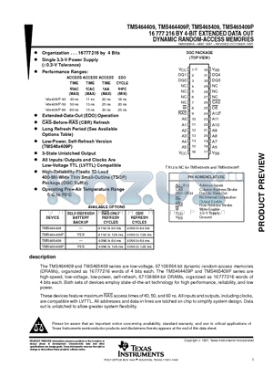 TMS464409 datasheet - 16 777 216 BY 4-BIT EXTENDED DATA OUT DYNAMIC RANDOM-ACCESS MEMORIES