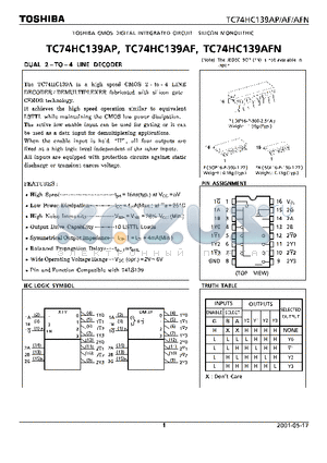 TC74HC139AF datasheet - DUAL 2 TO 4 LINE DECODER