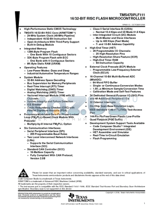 TMS470PLF111PGET datasheet - 16/32-BIT RISC FLASH MICROCONTROLLER