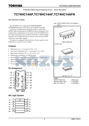 TC74HC14AP_07 datasheet - CMOS Digital Integrated Circuit Silicon Monolithic Hex Schmitt Inverter