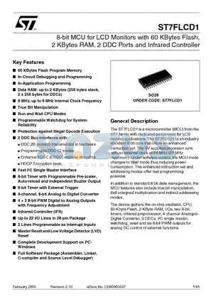 ST7FLCD1 datasheet - 8-bit MCU for LCD Monitors with 60 KBytes Flash,2 KBytes RAM, 2 DDC Ports and Infrared Controller