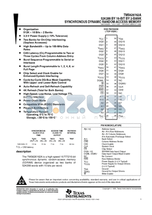 TMS626162A datasheet - 524288 BY 16-BIT BY 2-BANK SYNCHRONOUS DYNAMIC RANDOM-ACCESS MEMORY