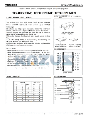 TC74HC283 datasheet - TOSHIBA CMOS DIGITAL INTEGRATED CIRCUIT SILICON MONOLITHIC
