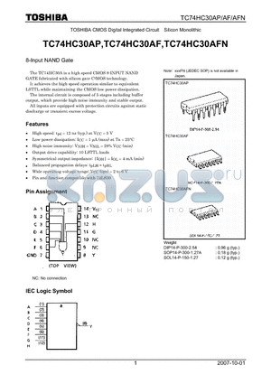 TC74HC30AFN datasheet - CMOS Digital Integrated Circuit Silicon Monolithic 8-Input NAND Gate