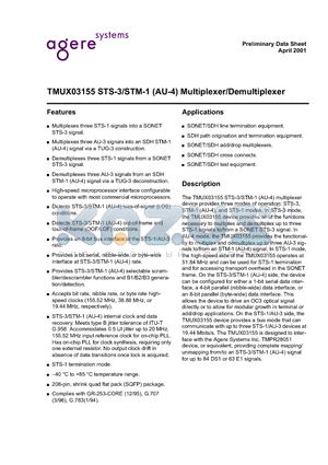 TMUX03155 datasheet - TMUX03155 STS-3/STM-1 (AU-4) Multiplexer/Demultiplexer