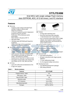 ST7FLI49MK1T6 datasheet - 8-bit MCU with single voltage Flash memory data EEPROM, ADC, 8/12-bit timers, and IbC interface