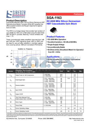 SGA-1163 datasheet - DC-6000 MHz SILICON GERMANIUM HBT CASCADEABLE GAIN BLOCK