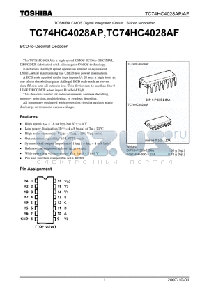 TC74HC4028AP_07 datasheet - CMOS Digital Integrated Circuit Silicon Monolithic BCD-to-Decimal Decoder