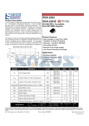 SGA-2263Z datasheet - DC-5000 MHz, Cascadable SiGe HBT MMIC Amplifier