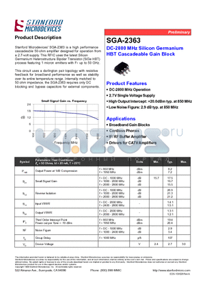 SGA-2363-TR1 datasheet - DC-2800 MHz Silicon Germanium HBT Cascadeable Gain Block
