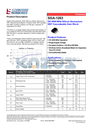 SGA-1263 datasheet - DC-4000 MHz Silicon Germanium HBT Cascadeable Gain Block