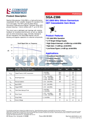 SGA-2386-TR2 datasheet - DC-2800 MHz Silicon Germanium HBT Cascadeable Gain Block