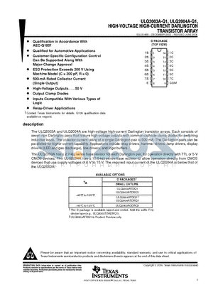 ULQ2003A-Q1 datasheet - HIGH-VOLTAGE HIGH-CRRENT DARLINGTON TRANSISTOR ARRAY