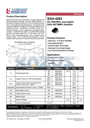 SGA-4263 datasheet - DC-3500 MHZ CASCADABLE SIGE HBT MMIC AMPLIFIER