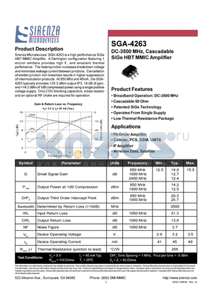 SGA-4263 datasheet - DC-3500 MHZ CASCADABLE SIGE HBT MMIC AMPLIFIER