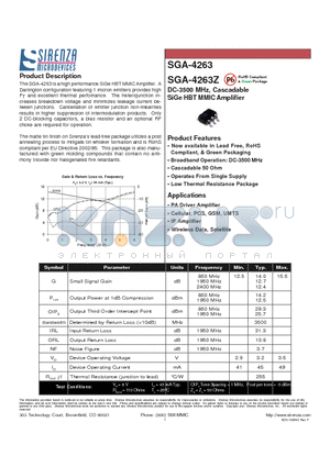 SGA-4263 datasheet - DC-3500 MHz, Cascadable SiGe HBT MMIC Amplifier