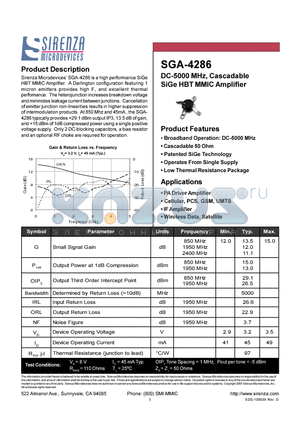 SGA-4286 datasheet - DC-5000 MHZ CASCADABLE SIGE HBT MMIC AMPLIFIER