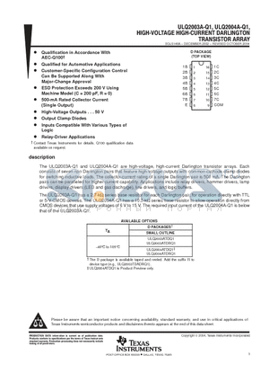 ULQ2003A-Q1 datasheet - HIGH VOLTAGE HIGH CURRENT DARLINGTON TRANSISTOR ARRAY