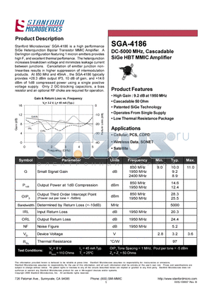 SGA-4186 datasheet - DC-5000 MHZ CASCADABLE SIGE HBT MMIC AMPLIFIER