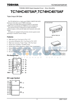 TC74HC4075AF datasheet - CMOS Digital Integrated Circuit Silicon Monolithic Triple 3-Input OR Gate