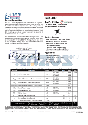 SGA-4486 datasheet - DC-4500 MHz, Cascadable SiGe HBT MMIC Amplifier