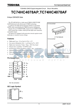 TC74HC4078AF datasheet - CMOS Digital Integrated Circuit Silicon Monolithic 8-Input OR/NOR Gate