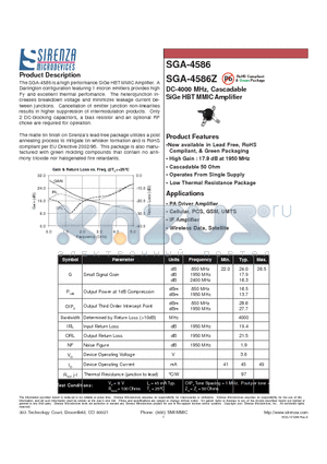 SGA-4586Z datasheet - DC-4000 MHz, Cascadable SiGe HBT MMIC Amplifier