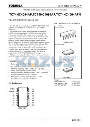 TC74HC4094AP_07 datasheet - CMOS Digital Integrated Circuit Silicon Monolithic 8-Bit Shift and Store Register (3-state)