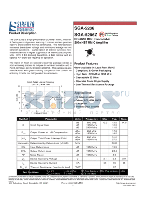 SGA-5286 datasheet - DC-5000 MHz, Cascadable SiGe HBT MMIC Amplifier