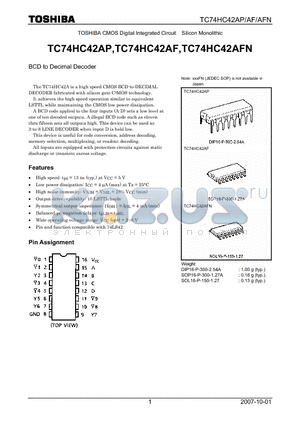 TC74HC42AFN datasheet - CMOS Digital Integrated Circuit Silicon Monolithic BCD to Decimal Decoder