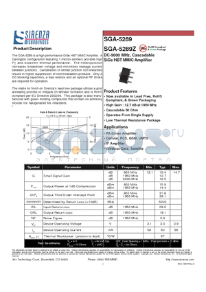 SGA-5289Z datasheet - DC-5000 MHz, Cascadable SiGe HBT MMIC Amplifier