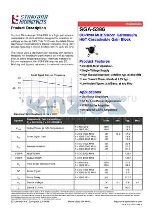 SGA-5386 datasheet - DC-3200 MHz Silicon Germanium HBT Cascadeable Gain Block