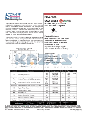 SGA-5386Z datasheet - DC-5000 MHz, Cascadable SiGe HBT MMIC Amplifier