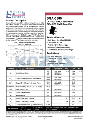 SGA-5389 datasheet - DC-4500 MHZ CASCADABLE SIGE HBT MMIC AMPLIFIER