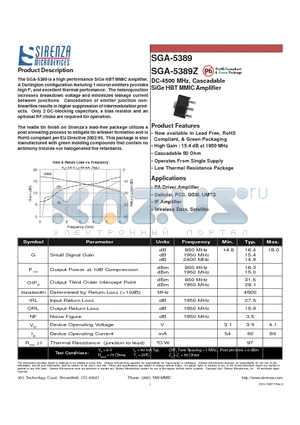 SGA-5389 datasheet - DC-4500 MHz, Cascadable SiGe HBT MMIC Amplifier