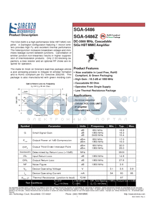 SGA-5486Z datasheet - DC-3500 MHz, Cascadable SiGe HBT MMIC Amplifier
