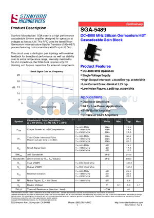 SGA-5489 datasheet - DC-4000 MHz Silicon Germanium HBT Cascadeable Gain Block