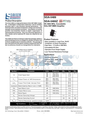 SGA-5489 datasheet - DC-4000 MHz, Cascadable SiGe HBT MMIC Amplifier