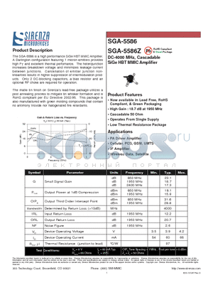 SGA-5586Z datasheet - DC-4000 MHz, Cascadable SiGe HBT MMIC Amplifier