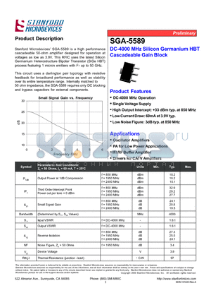 SGA-5589 datasheet - DC-4000 MHz Silicon Germanium HBT Cascadeable Gain Block